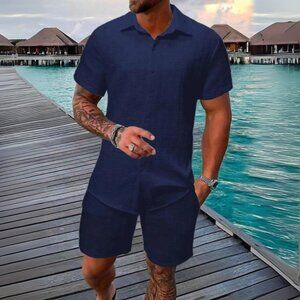 Men's Navy Collared Neck Short Sleeve Top & Shorts Resort Outfit